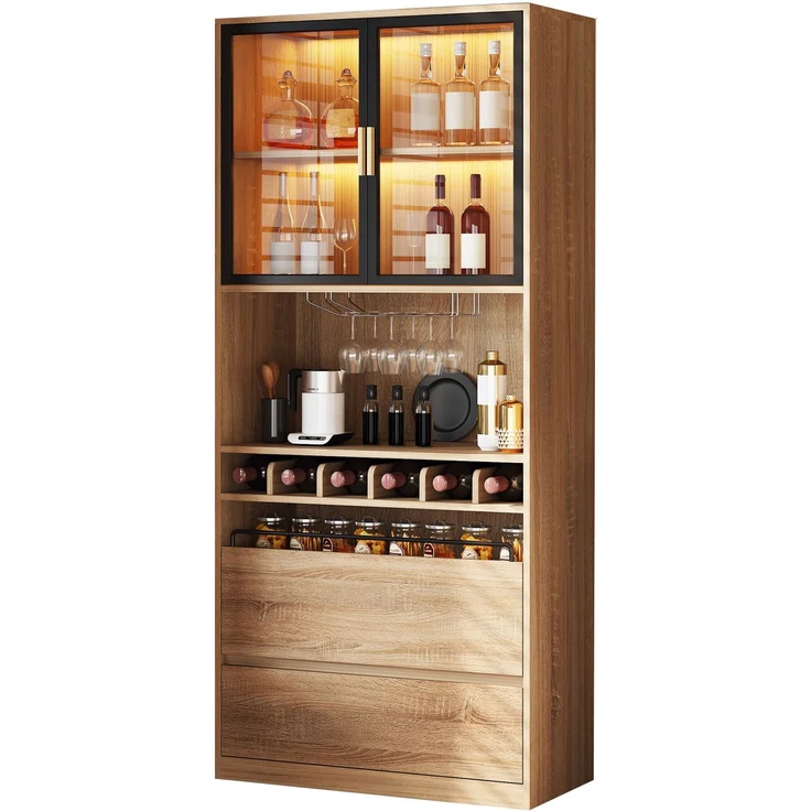 Badezimmerschrank,Spirituosenschrank,Vitrine Vitrinenschrank mit Glastüren und Beleuchtung 180 CM--Natürlich1--80x40x180cm--YOUDENOVA – Bild 4