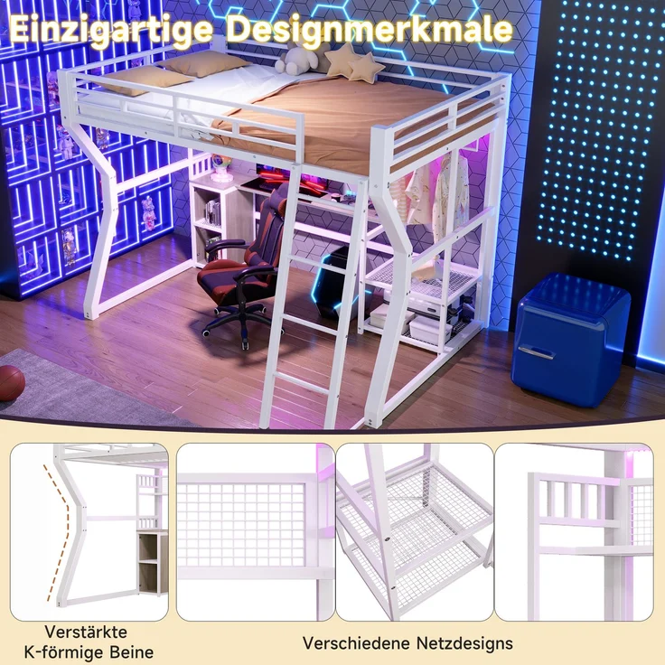 Hochbett, 140x200 cm, Eisenrahmen, mit Lichtleiste, Steckdose, Kleideraufhängebereich, Schreibtisch, Staufächer, Ablageböden, offener Raum unter dem Bett, ohne Matratze, weiß – Bild 6