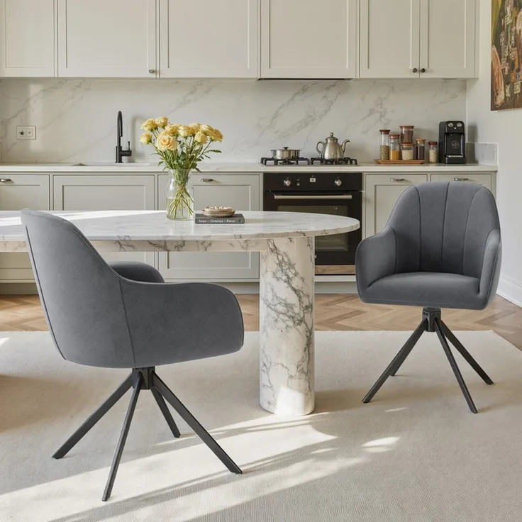 Hawthyhome 4-Fußstuhl Esszimmerstuhl drehbar mit Armlehne, 360° Drehfunktion, Samtbezug, stabiles schwarzes Metallgestell, moderner Küchenstuhl für Esszimmer, Wohnzimmer, Büro & Homeoffice, Dunkelgrau