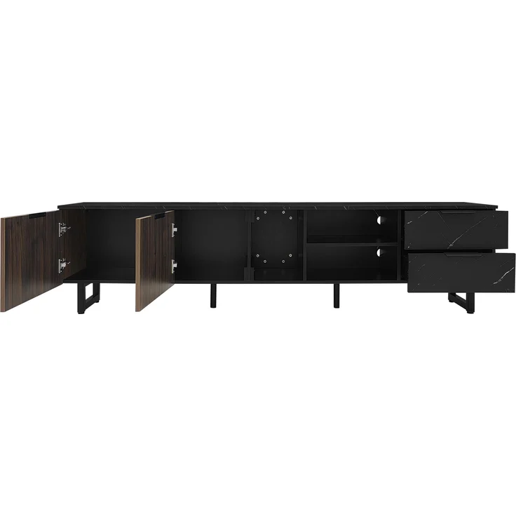 TV-Schrank 200x38x50 cm mit LED-Beleuchtung – schwarze Marmoroptik und dunkle Holzmasertüren – Bild 8
