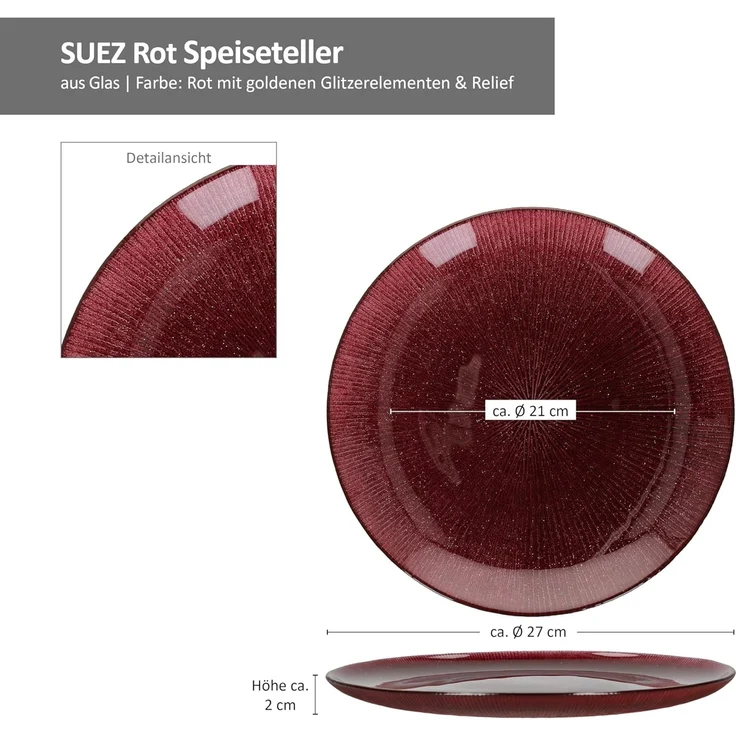 MamboCat Speiseteller 6x Suez Speiseteller Ø27cm Glas Rot Glitzer Essteller Weihnachten, Weihnachtsgeschirr, Weihnachten, Weihnachtsset, Geschirr – Bild 6