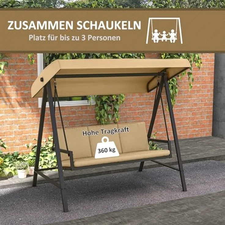 Outsunny Hollywoodschaukel Schaukelbank mit Verstellbarem Dach, Rückenkissen, 3-Sitzer, mehrfach verstellbares Dach, Gartenschaukel, 1 tlg, Schwingbank, bis 360 kg Belastbar, Beige, 200 x 125 x 175 cm – Bild 6