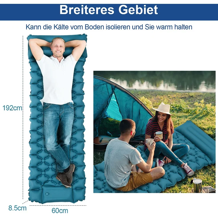 Eikuavons Camping Isomatte, Isomatte Camping Aufblasbar, für Camping Wandern Strand, 8.5cm Dicke Isomatten Camping Ultraleicht mit Kissen Isomatte Selbstaufblare Schlafmatte, Blau – Bild 2