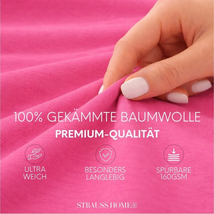 Strauss Home Spannbettlaken Premium 160 g/m² Gekämmte Baumwolle Jersey in Hotelqualität, Gummizug: Rundumgummi, OEKO-TEX®-zertifiziert - Hotelqualität – Formstabil & Langlebig – Bild 1