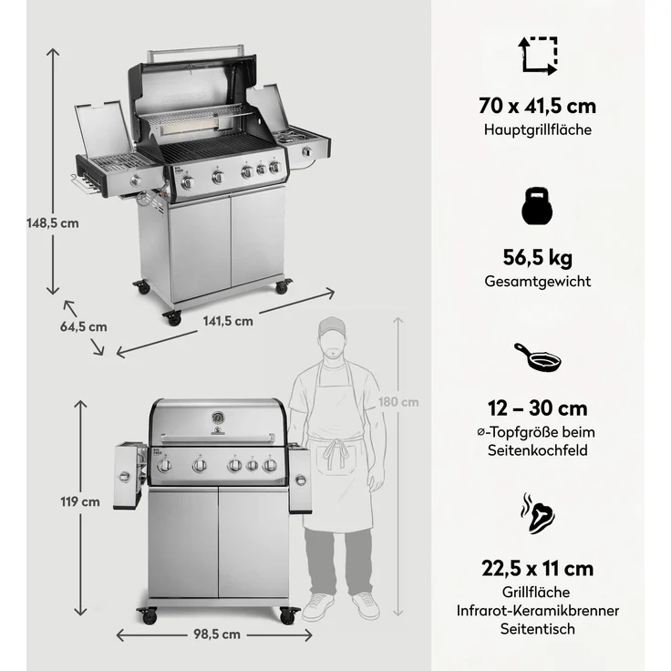 BURNHARD® Gasgrill 4-Brenner, Big FRED Deluxe+, 24,7 kW, Longlife Gussbrenner, Infrarot-Keramikbrenner, Heckbrenner, Seitenkochfeld, Piezo-Zündung, Gussrost, Silber – Bild 3