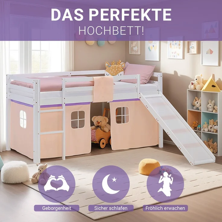 Hochbett Kinder 90x200 cm mit Rutsche Kinderbett Kinderhochbett Stockbett Vorhang Lila Peach Leiter Holz Massiv – Bild 5