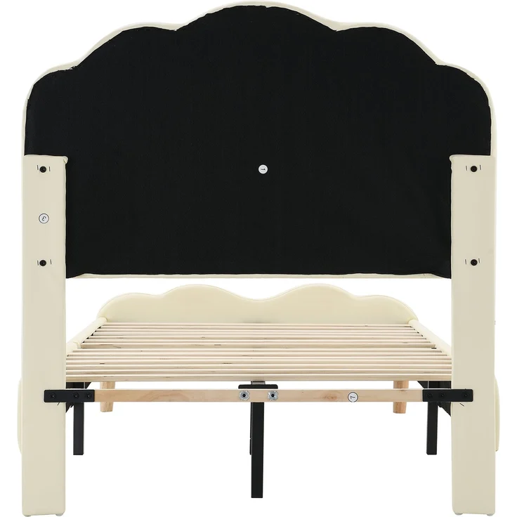 U-life Polsterbett 90x200 cm, Einzelbett und Kinderbett, mit wellenförmigem Kopfteil, LED-Lichtleiste und PU-Bezug, Beige – Bild 9
