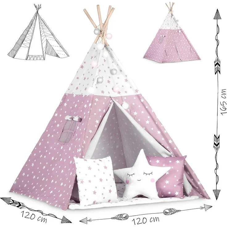 NUKIDO Kindertipi im Montessori-Stil Baumwolle und Holzrahmen mit Isoliermatte 3 Kissen Girlande Luftig 120 x 120 x 165 cm Rosa mit Sternen – Bild 7