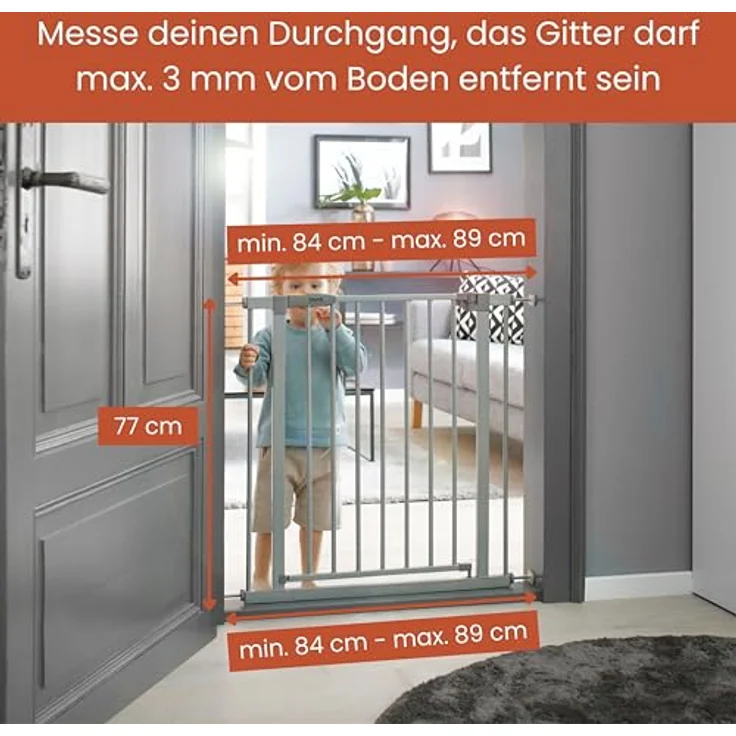 Hauck Stop'n Safe 2 Treppengitter, inkl. 9 cm Verlängerung, 84-89 cm, ohne Bohren, erweiterbar mit Verlängerungen von 9 cm und 21 cm, kombinierbar mit Y-Spindeln, beidseitig schwenkbar, silber – Bild 4