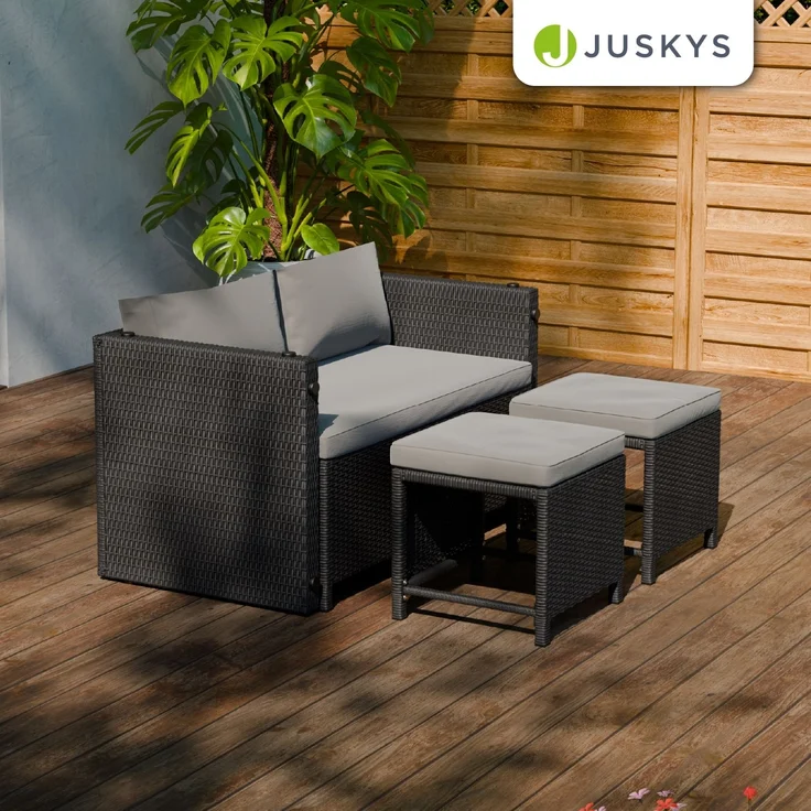 Juskys 2in1 Polyrattan Relax Gartenmöbel Set Jamaika - Tisch, Gartenlounge Sofa - Balkonmöbel Sitzgruppe für Balkon, Garten - Outdoor Lounge schwarz / grau – Bild 7