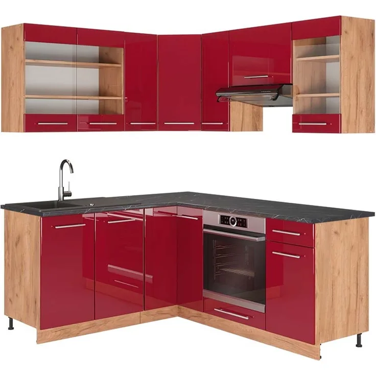 Eckküche Fame-Line Bordeaux Hochglanz/Goldkraft Eiche 190 x 60 cm , AP Anthrazit Vicco