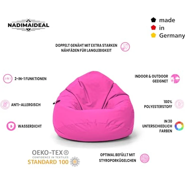 Nadimaideal Sitzsack Tropfenform Kastanie | Bodenkissen für Kinder & Erwachsene | Indoor & Outdoor | Gaming Sitzsack - Sitzkissen - Beanbag | Füllung EPS Perlen (Pink, XXL-Durchmesser 88 cm) – Bild 4