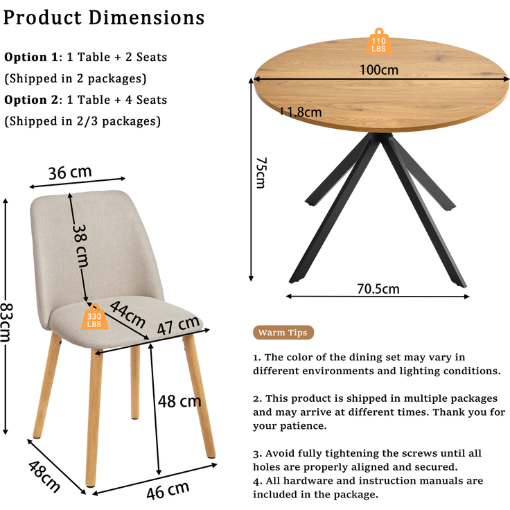 GOEURVANT 1001 Esstisch Set rund Ø 100 cm in Wildeiche-Optik, Küchentisch mit 4 Stühlen in Beige – Bild 6