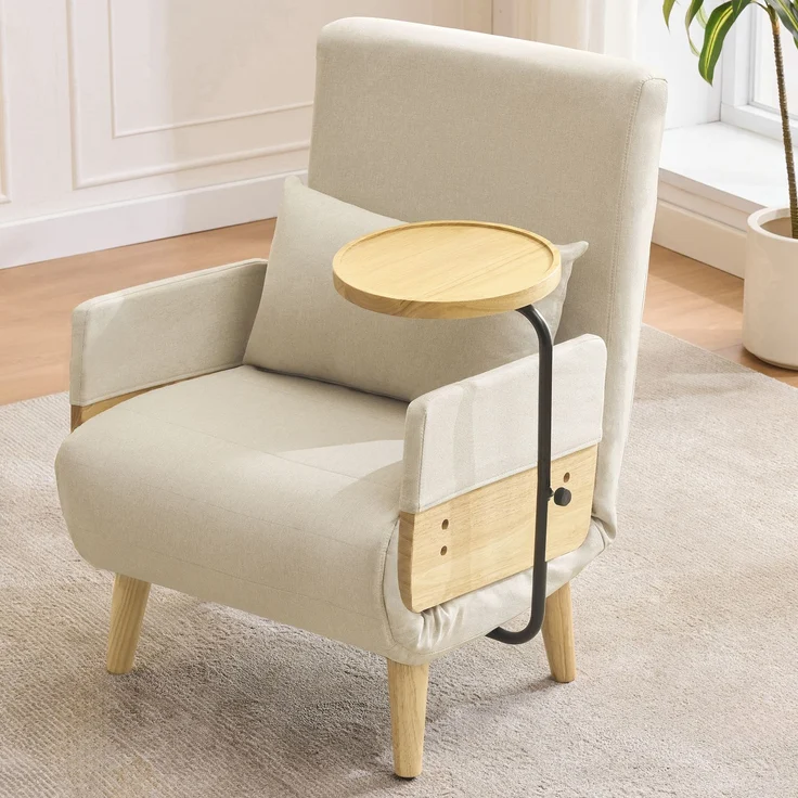 Sessel Leinen 3-in-1 mit drehbarem Tablett,88 x 66 x 74.5 cm,Relaxsessel mit 6-stufiger Rückenlehne & Massivholz – Bild 1