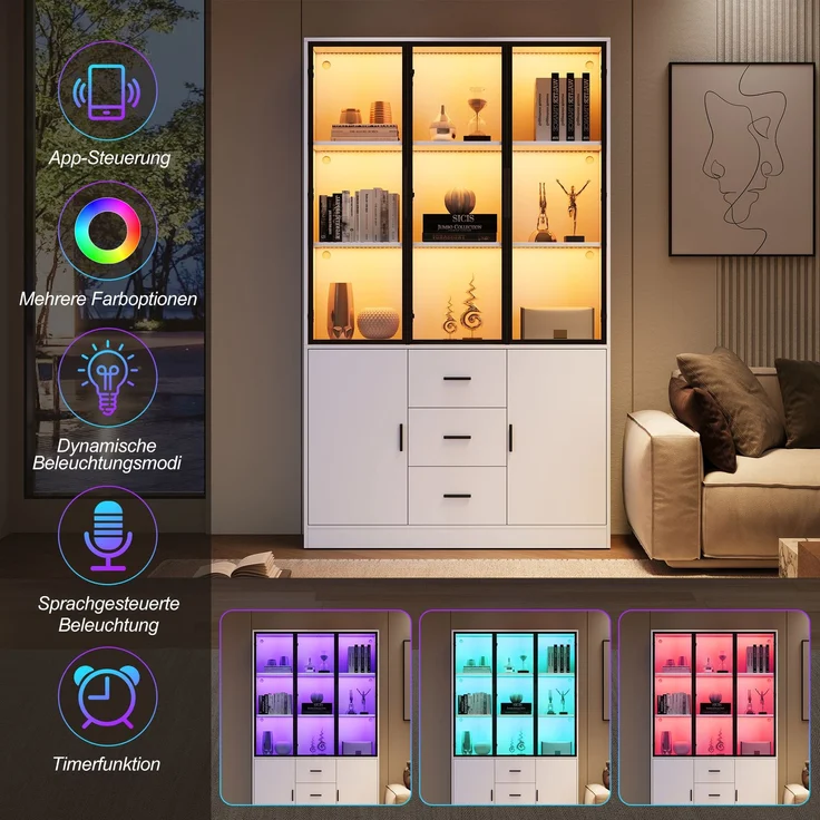 Vitrine mit Glasschrank Tür und LED-Licht, Vitrinenschrank Glasvitrine mit MultiStorage Bücherregal, Highboard Sammlervitrine mit Griff, 3 Schubladen & Türen ,Wohnzimmerschrank, Weiß, 120x30x200 cm--Weiß--120x30x200cm--YOUDENOVA – Bild 6
