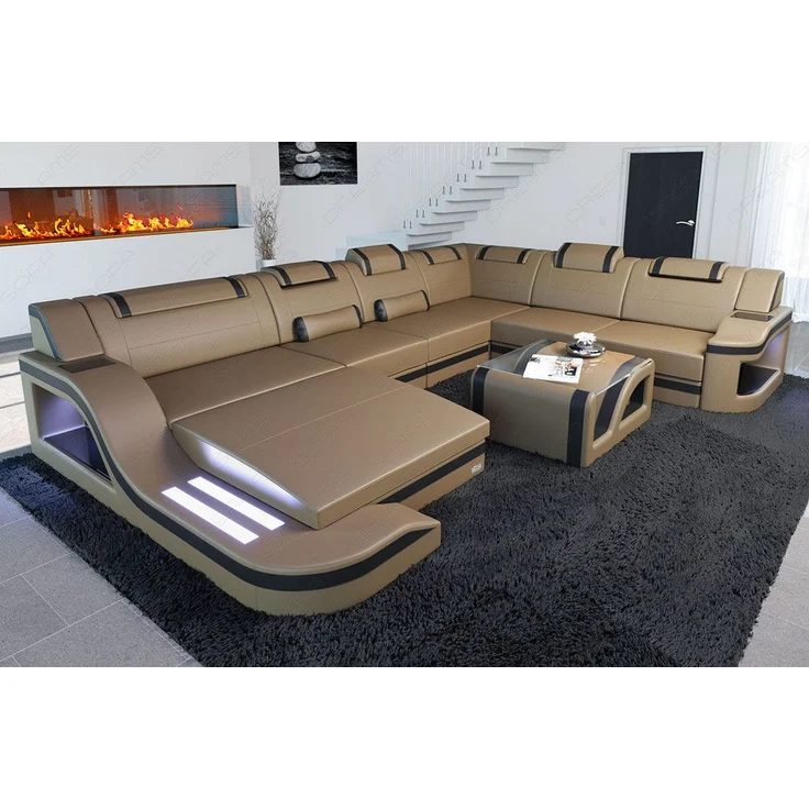 Mini XL Leder Wohnlandschaft Palermo mit LED - Kunstleder - Sandbeige-Schwarz - Links – Bild 4