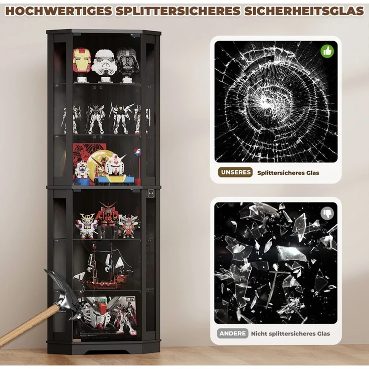 Eckvitrine 65x45x180 cm, 6-stöckige Glasvitrine mit LED-Beleuchtung, Glastüren und Bewegungssensor, Schwarz – Bild 9