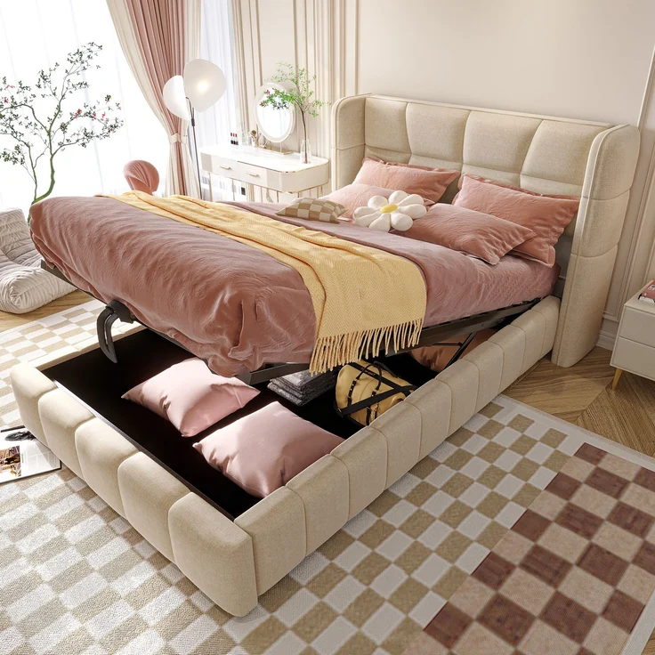 EINHOM Polsterbett 90 x 200 cm, Kinderbett mit Lattenrost, Kopfteil und Pneumatischem Stauraumsystem, Leinenrahmen, Geeignet für Kinder und Jugendliche, Beige, (Ohne Matratze) – Bild 1