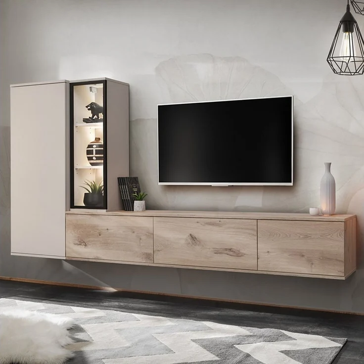 Lomadox Wohnwand CLINTON-164, (Lowboard Kommode Highboard), Eiche Dekor Kaschmir Beige 240 cm Push-to-open LED Beleuchtung – Bild 2
