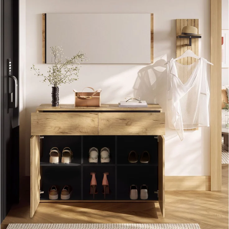 Garderoben-Set mit Spiegel, Kleiderstange & Schuhschrank, 125x35x178 cm, Natur/Schwarz – Bild 4