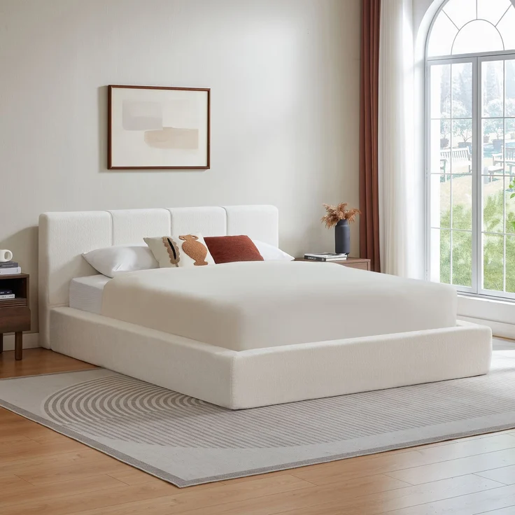 LVHOM Polsterbett 160 x 200cm, Doppelbett mit gepolstertem Kopfteil, Bettgestell mit verstärktem Stahlrahmen, Chenille, Beige – Bild 1