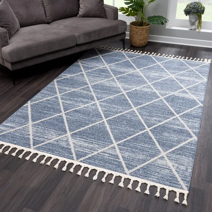 Teppich Wohnzimmer Kurzflor - Blau Cream - 80x150cm – Deko mit Fransen - Rauten Muster Boho Schlafzimmer Flur Dekoration Läufer Kinderzimmer - Skandinavische Teppiche
