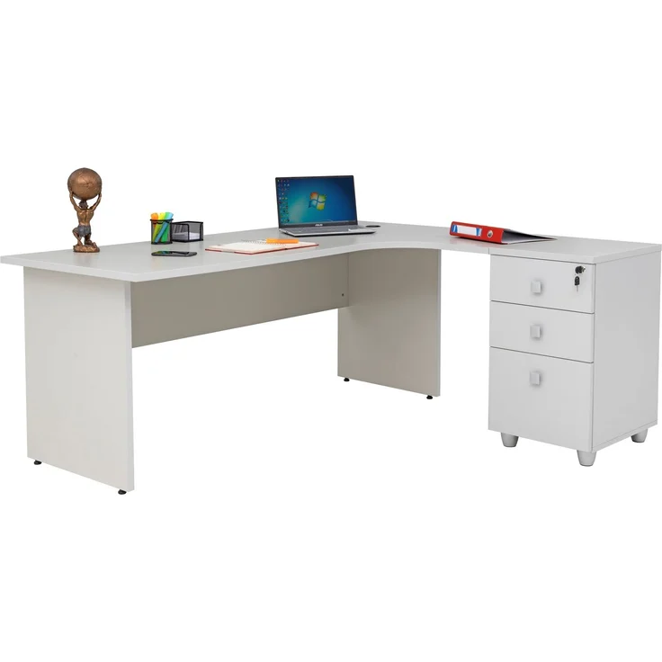 Winkelschreibtisch Dona, Holzfuß, grau Dekor, 180 cm x 120 cm x 74 cm, inkl. Beistellcontainer, rechts gewinkelt – Bild 7