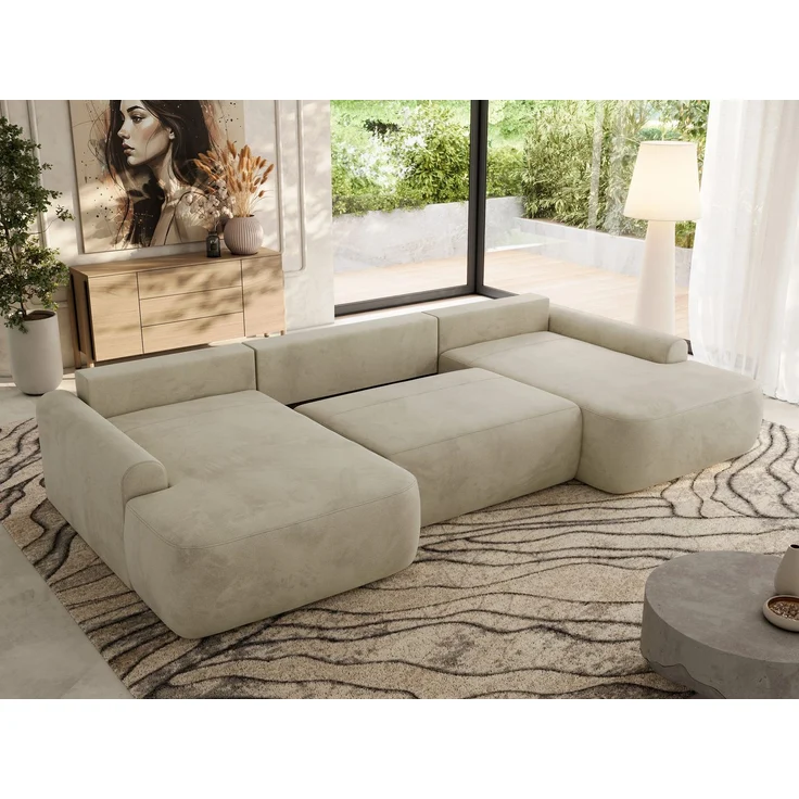 U-förmige Ecke, Ecksofa mit schlaffunktion und bettkasten, lose kissen, Wellenfeder, Big sofa XXL - CUBO U - Beige Velours – Bild 4