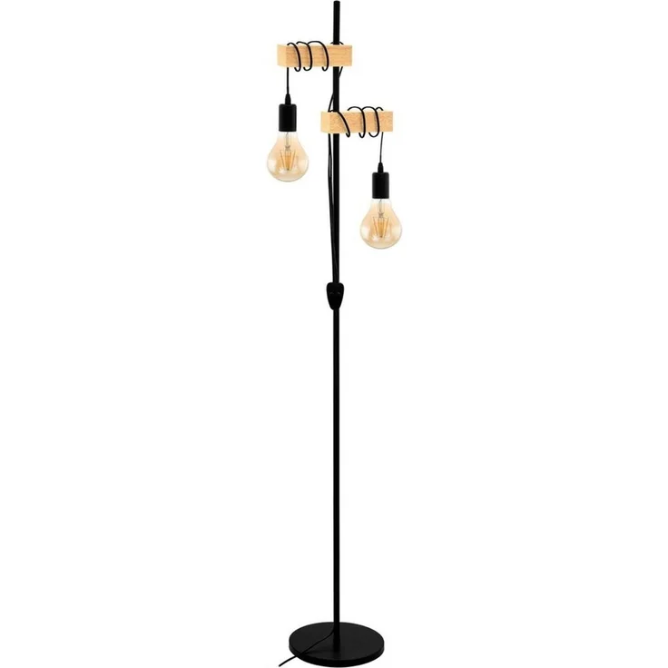 EGLO Stehlampe Townshend, 2-flammige Vintage Stehleuchte, Lampe mit Holzbalken, Retro Standleuchte aus Metall in Schwarz und Holz in Natur, FSC zertifiziert, E27 Fassung – Bild 5
