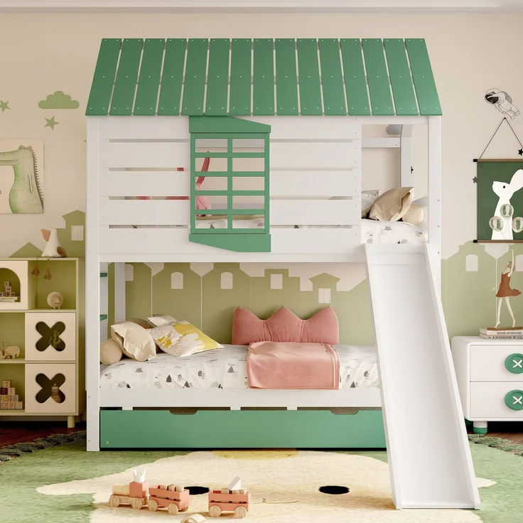 Etagenbett mit 2 Liegeflächen, Gästebett, Lattenrost, Dach, Rausfallschutz, Rutsche, 90x200cm, Kinderbett, Hausbett, Kiefer – Bild 2