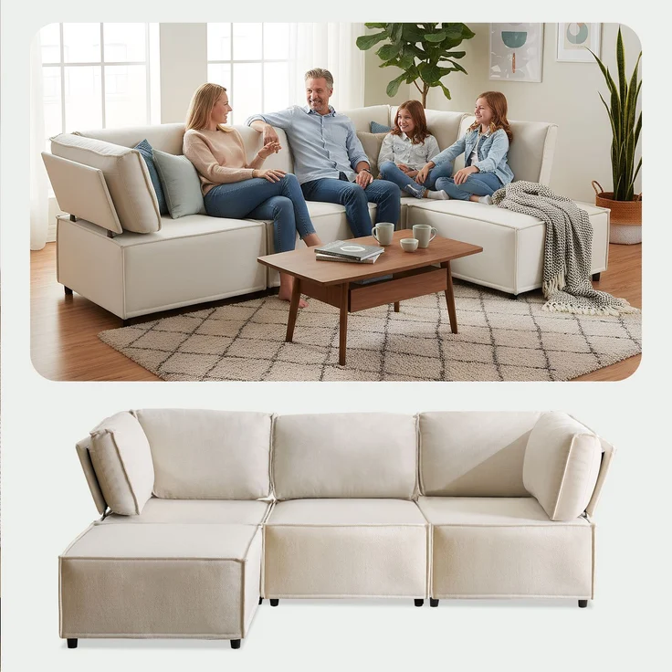 ZUBALIYA Schlafsofa, modular aufgebaut, mit Schaumstoffpolsterung, für Wohnzimmer und Apartments, mit stabilem Untergestell, Beige – Bild 6