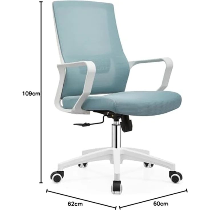 Shally Dogan Ergonomischer Drehstuhl mit Lendenwirbelstütze, Schreibtischstuhl, Arbeitszimmerstuhl, höhenverstellbar, stabile weiße Basis, schweißfeste Rückenlehne (blau) – Bild 4