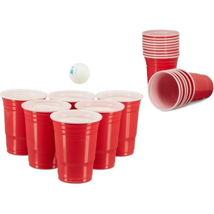 Relaxdays Bier Pong Set, 100 Becher, Kunststoff rot, 473 ml