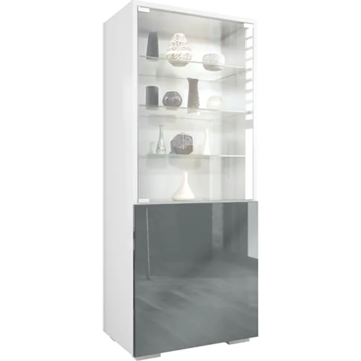 Vladon Vitrine, Grau Hochglanz, mit Glastür und 6 Fächern, 50x122.5x34.5 cm, Made in Germany – Bild 1