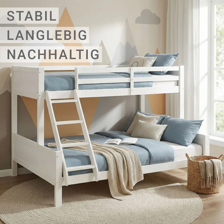 Homestyle4u Kinderbett Etagenbett 90x200 und 140x200 Jugendbett Hochbett Weiß, lackiert, massives Kiefernholz – Bild 6