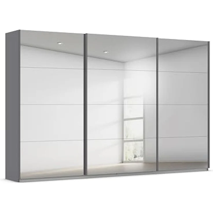 Rauch Möbel Kulmbach, Kleiderschrank mit Schwebetüren für Schlafzimmer, Kinderzimmer, Jugendzimmer, Garderobe, Flur, 3-türig, mit Spiegel, Zubehör Basic, Farbe Grau metallic, Schwarz, Breite 360 cm – Bild 1