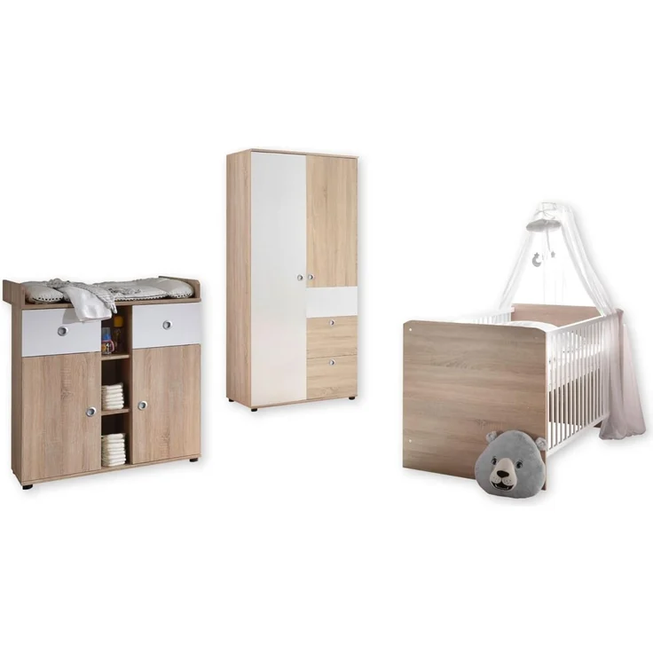 WIKI Babyzimmer Komplett-Set in Eiche Sonoma Optik / Weiß - Babyzimmer Möbel-Set 3-teilig bestehend aus Kleiderschrank, Babybett & Wickelkommode – Bild 1