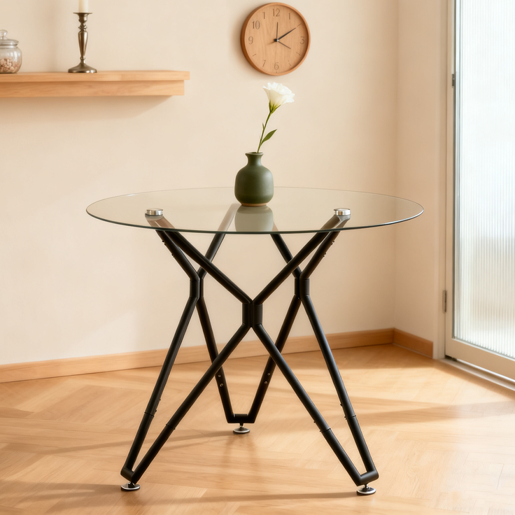 Runder Esstisch 90 x 90 x H 78 cm, gehärtetes Glas, Metallgestell, modern und platzsparend in Schwarz – Bild 4