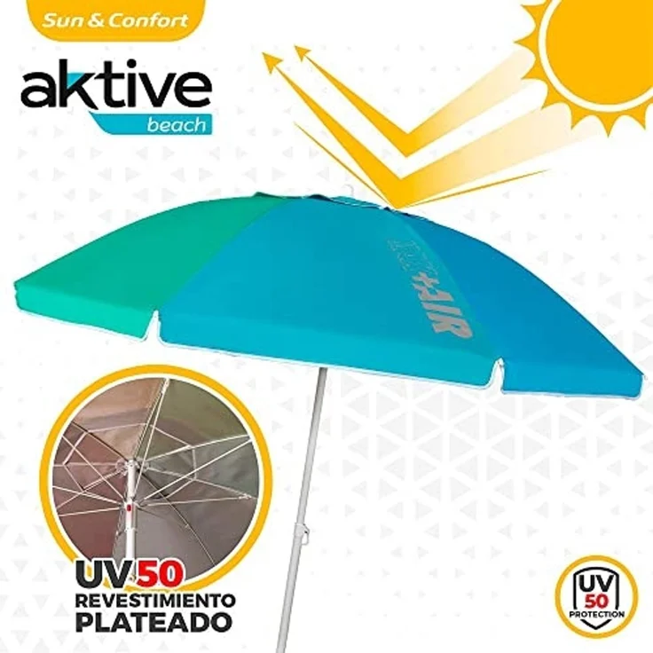 AKTIVE Strandschirm 220 cm, großer Sonnenschirm, belüftetes Dach, 28-32 mm Mast, UV 50 Schutz, mehrfarbiges Design, inkl. Aufbewahrungstasche (62222) – Bild 4