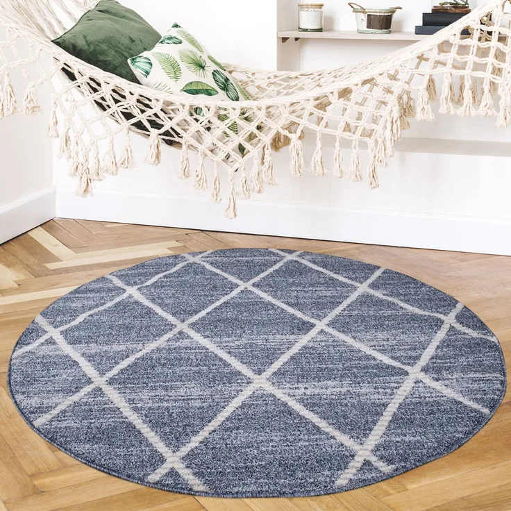 Teppich Rund Wohnzimmer Kurzflor - Blau Cream- 200x200cm – Modern Rauten Muster Deko Boho Schlafzimmer Flur Dekoration - Skandinavische Teppiche