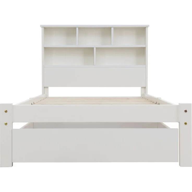 Holzbett, Einzelbett inkl. Schublade und Lattenrost, Kopfteil mit Regal, 90x200 cm, Holzbett aus Kiefer, Jugendbett – Bild 8
