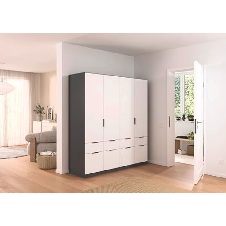 Rauch Möbel Dundee, Kleiderschrank, Schrank, Garderobe, Organizer, 4-türig, 8 Schubladen, Farbe Weiß/Grau metallic, Schwarz, Kurze Griffleiste Grau metallic, 181 x 197 x 54 cm – Bild 3