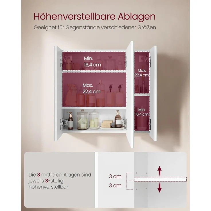 Vasagle Spiegelschrank, Badezimmerschrank, Aufbewahrungsschrank mit 3 Türen, fürs Badezimmer, 15 x 60 x 55 cm, mit verstellbaren Regalebenen, modern, weiß BBK22WT – Bild 5
