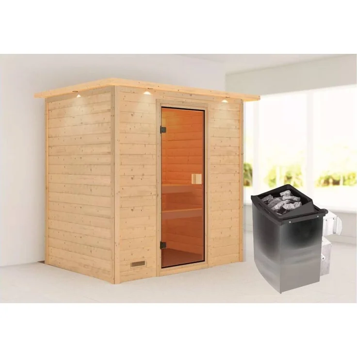 Karibu Sauna Selena mit Dachkranz + 9kW Saunaofen mit integrierter Steuerung – Bild 1