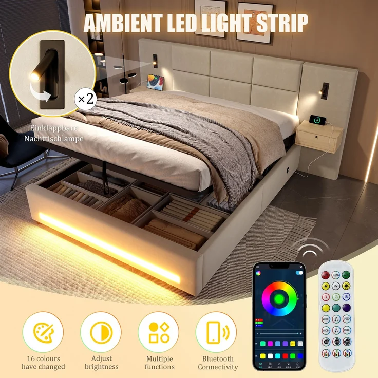 TavilaEcon Boxspringbett mit Samtkopfteil, praktischen Stauschubladen und LED-Nachtlicht beige Liegefläche 180 × 200 cm – Bild 6