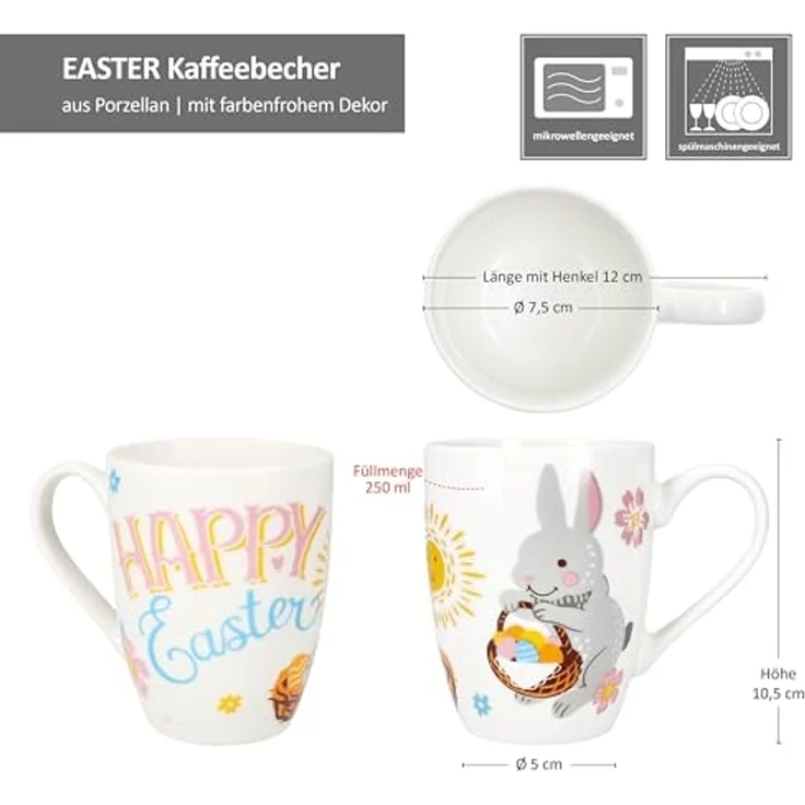 MamboCat Becher MamboCat 6er Set Easter Kaffeebecher 250ml Porzellan Ostern Hase bunt, Porzellan – Bild 6