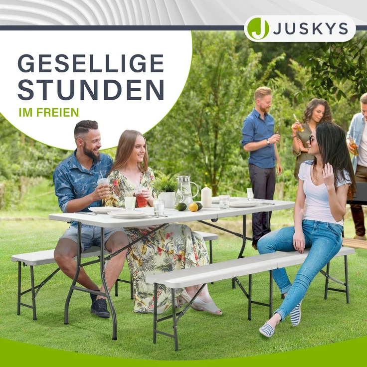 Juskys 'Bayreuth' Bierzeltgarnitur, 3-teilig, klappbar, Kunststoff, 180 x 70 x 74 cm, Weiß – Bild 2