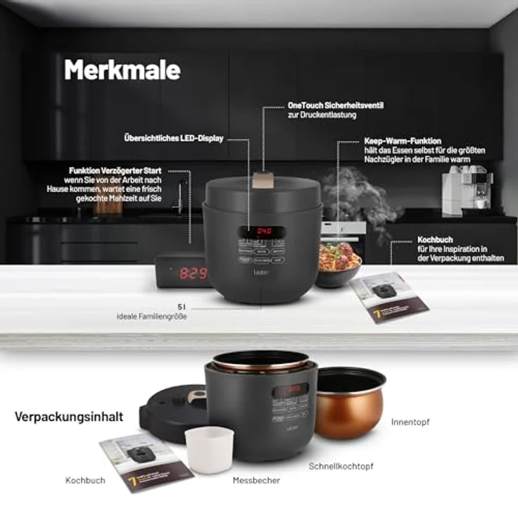 Lauben Schnellkochtopf 5000AT Electric Pressure Cooker, 5 l Fassungsvermögen, 9 Programme Multikocher, inkl. Kochbuch, manuelle Einstellung, Einhandventilsteuerung, Warmhalten – Bild 5