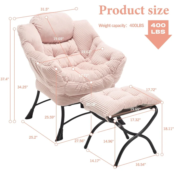 LVHOM Relaxsessel mit Hocker, Loungesessel mit Seitentasche, Lesesessel aus Cordstoff, bequem gepolstert, Metallgestell, bis 180kg belastbar, Rosa – Bild 7