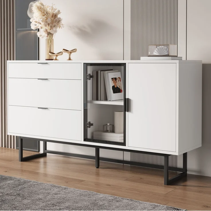 DESVIAE Sideboard mit LED-Beleuchtung und 3 Schubladen 160x78x36 cm MDF Spanplatte Weiß – Bild 3